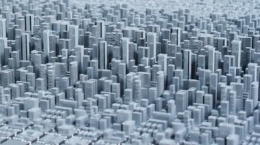Beyaz arkaplandaki beyaz bloklardan oluşan basitleştirilmiş şematik şehir. Gökdelenler, kuleler, evler ve apartmanlar ile yoğun kentsel gelişim. Bulanık yoğun trafik. 4k HD animasyon. Kusursuz döngü
