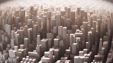 Beyaz arkaplandaki beyaz bloklardan oluşan basitleştirilmiş şematik şehir. Gökdelenler, kuleler, evler ve apartmanlar ile yoğun kentsel gelişim. Minyatür his. 4k HD animasyon. Kusursuz döngü