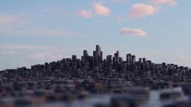 Şehir merkezinde, bulutlarla dolu, hızlı hareket eden gökdelenlerle dolu yoğun bir günün zamanı. Küçük model ölçeği ve alan etkisinin derinliği. Şehir silueti.