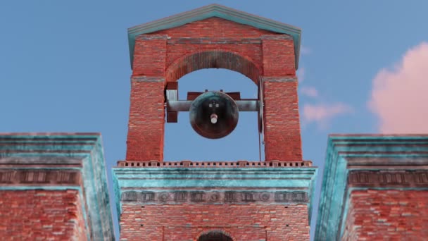 Alter Turm Aus Ziegeln Holzkonstruktion Mit Schwerem Glockengeläut Ein Metallgegenstand — Stockvideo
