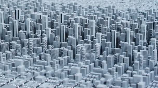 Egyszerűsített Vázlatos Város Fehér Tömbökből Fehér Háttérrel Sűrű Városfejlesztés Felhőkarcolókkal — Stock videók