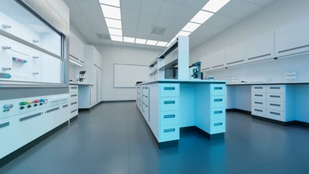 Czyste Białe Niebieskie Wnętrze Laboratorium Oddzielną Komorą Spalania Biurko Mikroskopem — Wideo stockowe