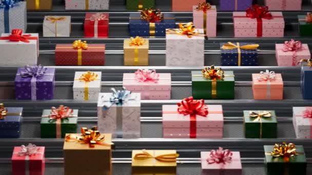 在传送带生产线上有无数漂亮的彩色礼品盒 在一个准备装运的工厂里 无缝无缝地 无休止地旋转着的礼物动画 圣诞季筹备工作 — 图库视频影像