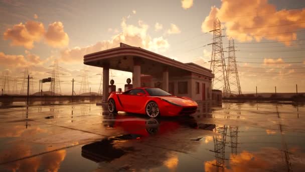 주유소 주차장에 서있는 아름다운 빨간색 슈퍼카 해돋이 타임랩스 클라우드 움직임 — 비디오