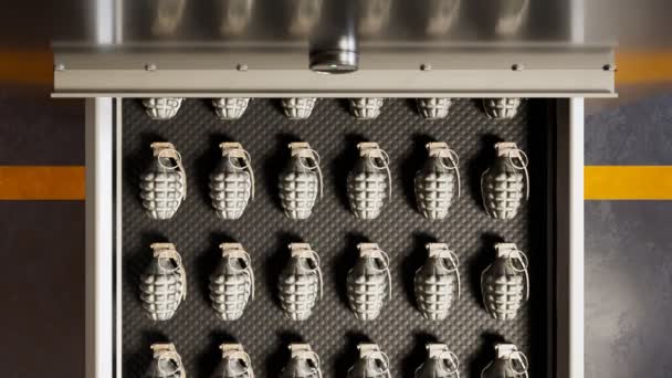 手作りの手榴弾でいっぱいのコンベヤベルト シームレスでエンドレスなループアニメーションの武器生産ライン 軍隊で使用される危険なテクノロジー — ストック動画