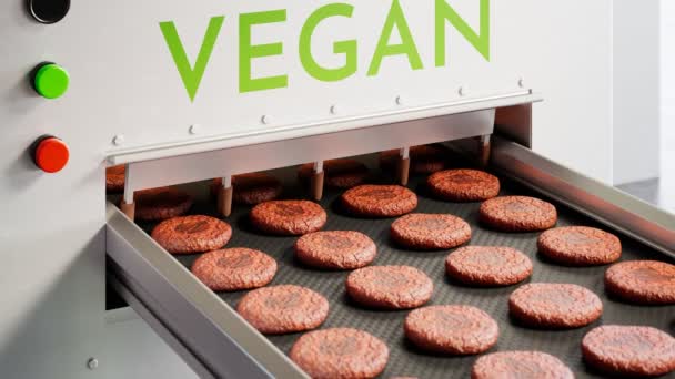 Veganská Továrna Maso Výrobní Linka Rostlinnými Hamburgerovými Placičkami Listovým Znakem — Stock video