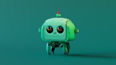 Ufacık, sevimli bir robotun özenli bir şekilde ilerleyişinin kusursuz döngüsü. Yeşil arka planda, göz ekranlarında çizgileri olan yeşil, sevimli bir metal makine. Sinirli, sinirli ya da üzgün yüz ifadesi. 4K HD