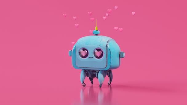 一个可爱的小机器人高兴地跳着 无缝线环抱着动画 蓝色可爱的金属机器 粉色背景 有心脏在眼睛上显示 小心脏跟随它 情人节 — 图库视频影像
