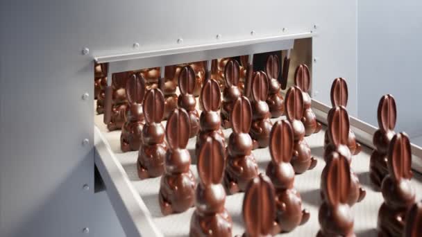Side View Conveyor Belt Many Chocolate Bunnies Easter Chocolate Treats — Stock Video
