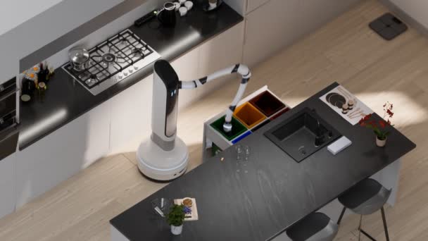 全自动厨房机器人精确地清洁一个现代厨房 机械臂将可回收的垃圾放入垃圾桶 将盘子放入水池 并带来咖啡 家庭杂务助理的未来 — 图库视频影像