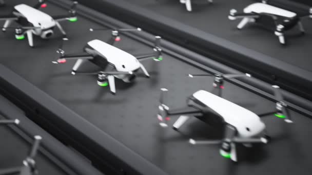 Conveyor Belt Freshly Manufactured Drones New Unmanned Aerial Vehicles Quadrocopters — Stock Video