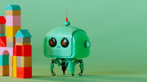 Cute Robot Walking Castle Made Wooden Blocks Green Adorable Metal — Stock Video