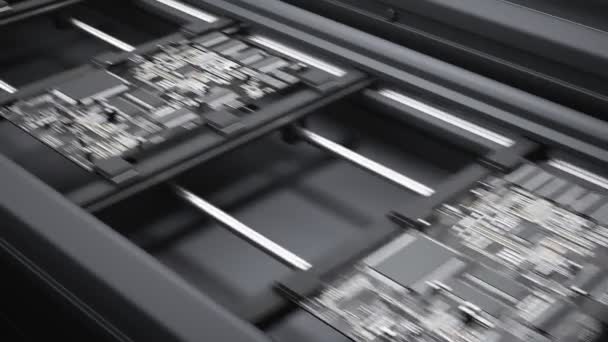 带新制造的Pcb输送带 新的主印刷电路板已准备好在新的个人电脑内组装 工厂或生产线无缝线环路动画 — 图库视频影像
