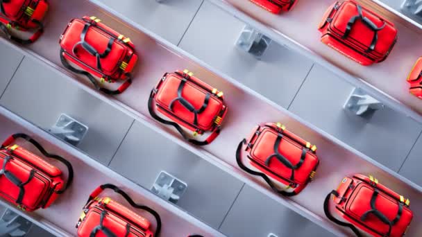 新しく製造された緊急袋が付いているコンベヤー ベルト 医療のための緊急準備キットを運ぶこと容易 赤い医療バッグの生産ライン ファーストエイドファクトリー 緊急対応について — ストック動画