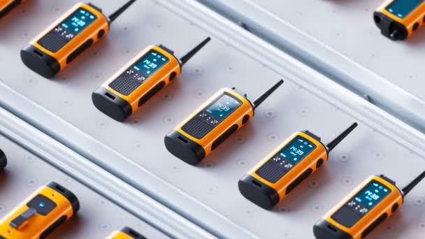 Conveyor Belt Freshly Manufactured Walkie Talkie New Yellow Portable Radio — Stock Video