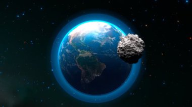 Dünya, gelecekteki bir güç kalkanı tarafından meteor patlamasından korunuyor. Hızlı hareket eden asteroit lazer ızgarasından sekiyor. Mavi mermer koruma. İnsanoğlu kozmik tehlikelerden güvende..