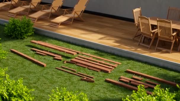 木製のプランクの準備されたスタックは ゆっくりと作業庭のスイングベンチに組み込まれています 裏庭の家具の組立プロセスアニメーション ゆっくりとした要素の動きが物体に集まりました 完璧なレジャー — ストック動画