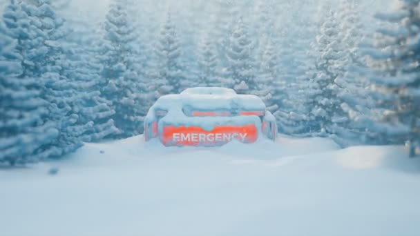 在一场山林暴雪中 一只橙色的急救包正站在厚厚的雪地里 大雪覆盖了基本的救援装备 茂密的针叶林旅游目的地危险 — 图库视频影像