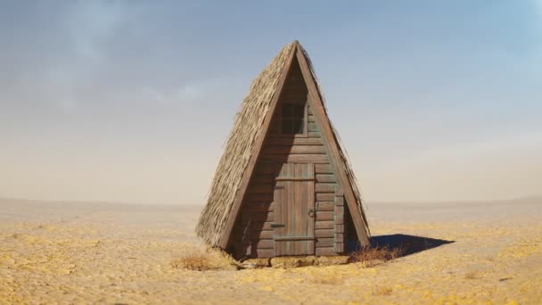 被遗弃在沙漠中央的旧木屋里 地面空旷 沙漠景观与一个小的无人居住的房子木材和稻草 庇护所 漫游者的洞穴 — 图库视频影像