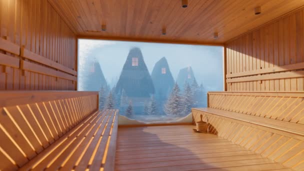 Beautiful Warm Wooden Sauna Big Frosty Window Cold Blue Coniferous — стоковое видео