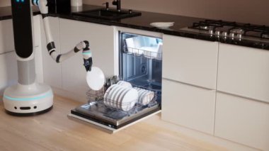 Robot kol kirli tabak ve bardakları toplayıp bulaşık makinesine atıyor. Modern bir evde fütüristik mutfak yardımı. Bulaşık yıkama işleminin tam otomasyonu. 4K HD oluşturucu