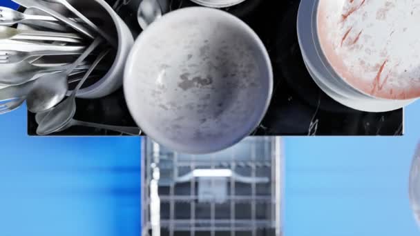 Pratos Sujos Empilhados Balcão Colocando Dentro Uma Máquina Lavar Louça — Vídeo de Stock