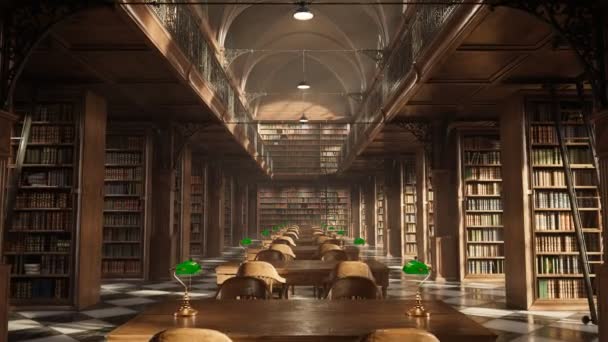古い大学図書館のインテリアには 数え切れないほどのヴィンテージの本でいっぱいの棚があります 金庫の天井 棚および柱 鋼鉄障壁の装飾および磨かれた大理石のチェッカーの床の美しい木工 — ストック動画