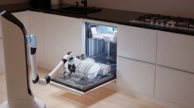 Kirli bulaşık makinesinin robot kolu kapağını kapatıp açıyorum. Modern bir evde fütüristik mutfak yardımı. Bulaşık yıkama işleminin tam otomasyonu. 4K HD oluşturucu