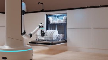 Kirli bulaşık makinesinin robot kolu kapağını kapatıp açıyorum. Modern bir evde fütüristik mutfak yardımı. Bulaşık yıkama işleminin tam otomasyonu. 4K HD oluşturucu