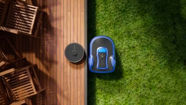 スマートホーム機器のコンセプト 芝生のロボットは庭をマウスし 掃除機は庭の木製のテラスをきれいにします 家のためのワイヤレス家電の世話 現代のリモート技術 — ストック動画