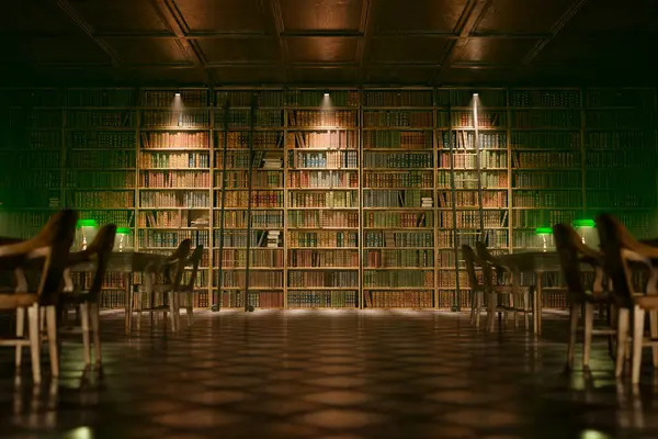 Beautiful, vintage, wooden library interior surrounded by towering shelves filled with countless books.  Iconic green ceramic lamps on old desks. Knowledge-filled monument.