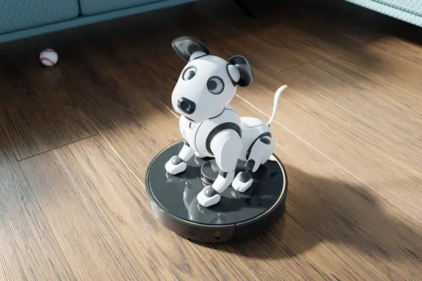 Happy interactive Robot Dog is sitting on a working automatic vacuum. Cute, funny puppy toy for the kids. Futuristic technology of toys or pets. Smart companion with training function to play with.