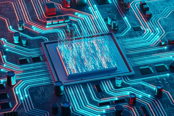 彩色动画在Pc的主板中显示数据流 主要电路和电子元件中的处理器 数字通信 云计算 处理的概念 — 图库照片