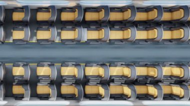 Mermi treni koridorunun yukarıdan görünüşü, rahat boş bej koltuklar. Küçük masa bir koltuğa bağlı. Trenin gösterişli, modern ve minimalist tasarımı görülebilir. 4k HD