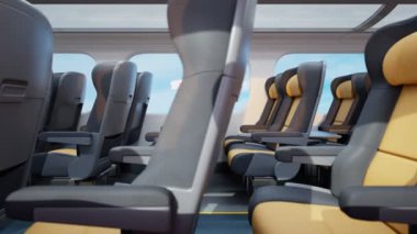 Yandan modern mermi tren koridoru görünüyor. Sıralar dolusu boş bej koltuk. Trenin hızla uzaklaştığı geniş pencerelerden manzara görülebiliyor. 4k HD