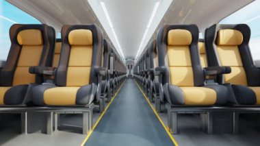 Yüksek hızlı bir trenin modern iç mekânını rahat, boş koltuklar arasında nötr renklerle görmek. Kamera koridorda ilerliyor..