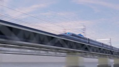 Hızlı ve modern bir tren, arka planda deniz ve dağlar olan bir köprüde hızla ilerliyor. Kamera köprünün altından geçen treni takip ediyor..
