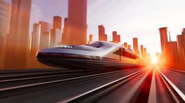 Modern mermi treni gün batımında hareketli bir şehirde hızla ilerler. Kamera trenin hareketini takip ediyor, neon kırmızı ışıklar yeşil gökyüzüne karşı kontrastlı, fütüristik bir his yaratıyor..