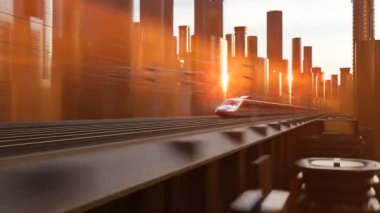 Modern mermi treni gün batımında hareketli bir şehirde hızla ilerler. Kamera trenin hareketini takip ediyor, batan güneşe karşı siluetlenmiş gökdelenlerin nefes kesici bir siluetini ortaya çıkarıyor..