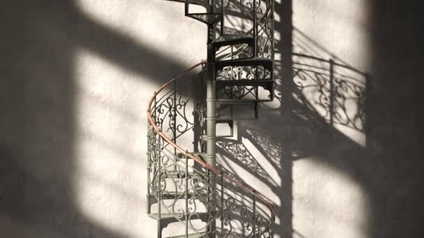 Hermosa Escalera Caracol Acero Negro Con Escalones Ornamentados Cámara Hacia — Vídeos de Stock