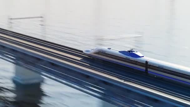 Fast Modern Train Rushing Bridge Built Sea Camera Captures Train — Stock Video