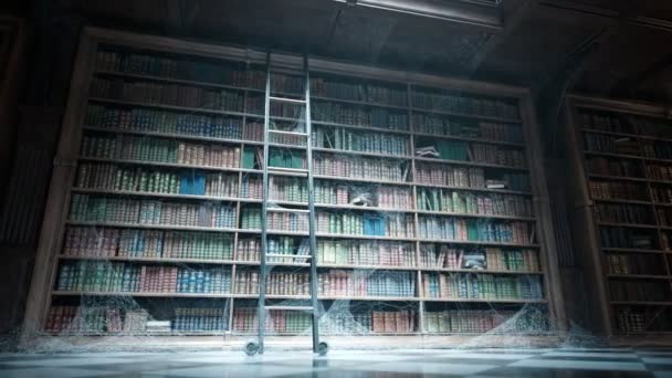 一个古老的经典图书馆 书架上全是漂亮的书 梯子靠在布满蜘蛛网和灰尘的大书架上 摄像机慢慢地穿过现场 — 图库视频影像
