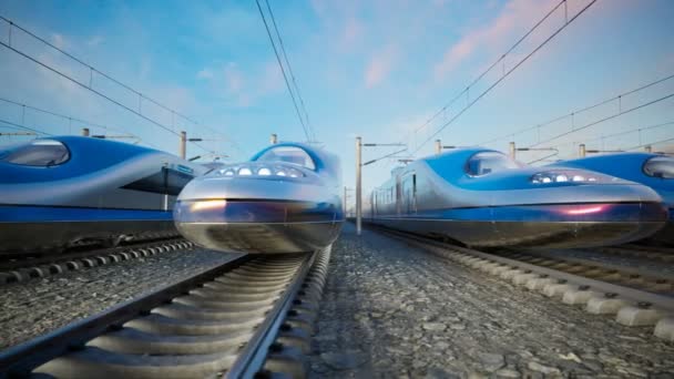ループアニメーションは スリーデック スタイリッシュな列車が待ち構えている現代的な高速列車の列を示しています — ストック動画