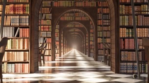 美しく ヴィンテージ 木製の図書館のインテリアは 棚に数え切れないほどの歴史的な本を持っています 黒と白の大理石チェッカーフロア 知識に満ちた詳細な建築モニュメント アニメーションのループ — ストック動画