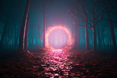 An abstract scene featuring a glowing orange portal amidst the trees. This magical doorway opens up to a virtual corridor leading to another dimension. Perfect for sci-fi and fantasy designs. clipart