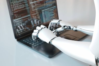 Dizüstü bilgisayarın klavyesine insansı robot yazma fikri. Bilgisayar monitörünü kod satırlarıyla kapat. Modern metalik cyborg kolu. İş finansmanında yapay zeka.