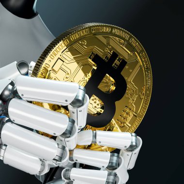 Metalik bir robot el, merkezi olmayan dijital para biriminin ve yönetiminin blok zinciri yoluyla yapay zeka tarafından yükselmesini temsil eden parlak bir bitcoin parayı kavrıyor..