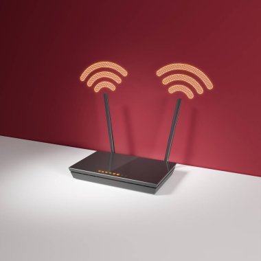 Modern kablosuz yönlendirici oturma odasında. Akıllı ev aygıtları için ağ bağlantısı. Evdeki kablosuz ağ. Telefon, dizüstü bilgisayar ve tablet bilgisayar üzerinden internet. İletişim teknolojisi aksesuarları.