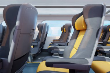 Yandan modern mermi tren koridoru görünüyor. Sıralar dolusu boş bej koltuk. Trenin hızla uzaklaştığı geniş pencerelerden manzara görünüyor..
