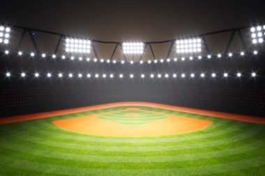Gece boyunca boş beyzbol stadyumu. Taze kesilmiş çim yarıçaplı desen ve spot ışıklarında turuncu toprak. Birçok ışık Amerikan ulusal rekabetçi sporu için oyun alanını aydınlatıyor.